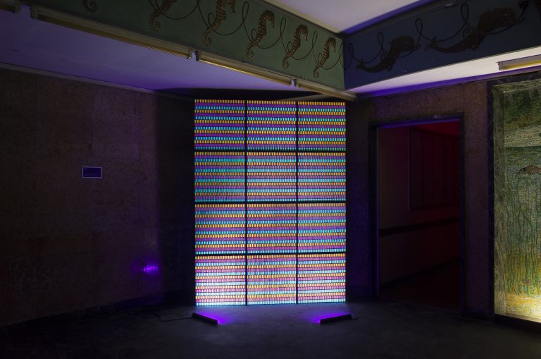Giulio Frigo, Pixel, 2020 — phosphorescent acrylic on canvas, UV light