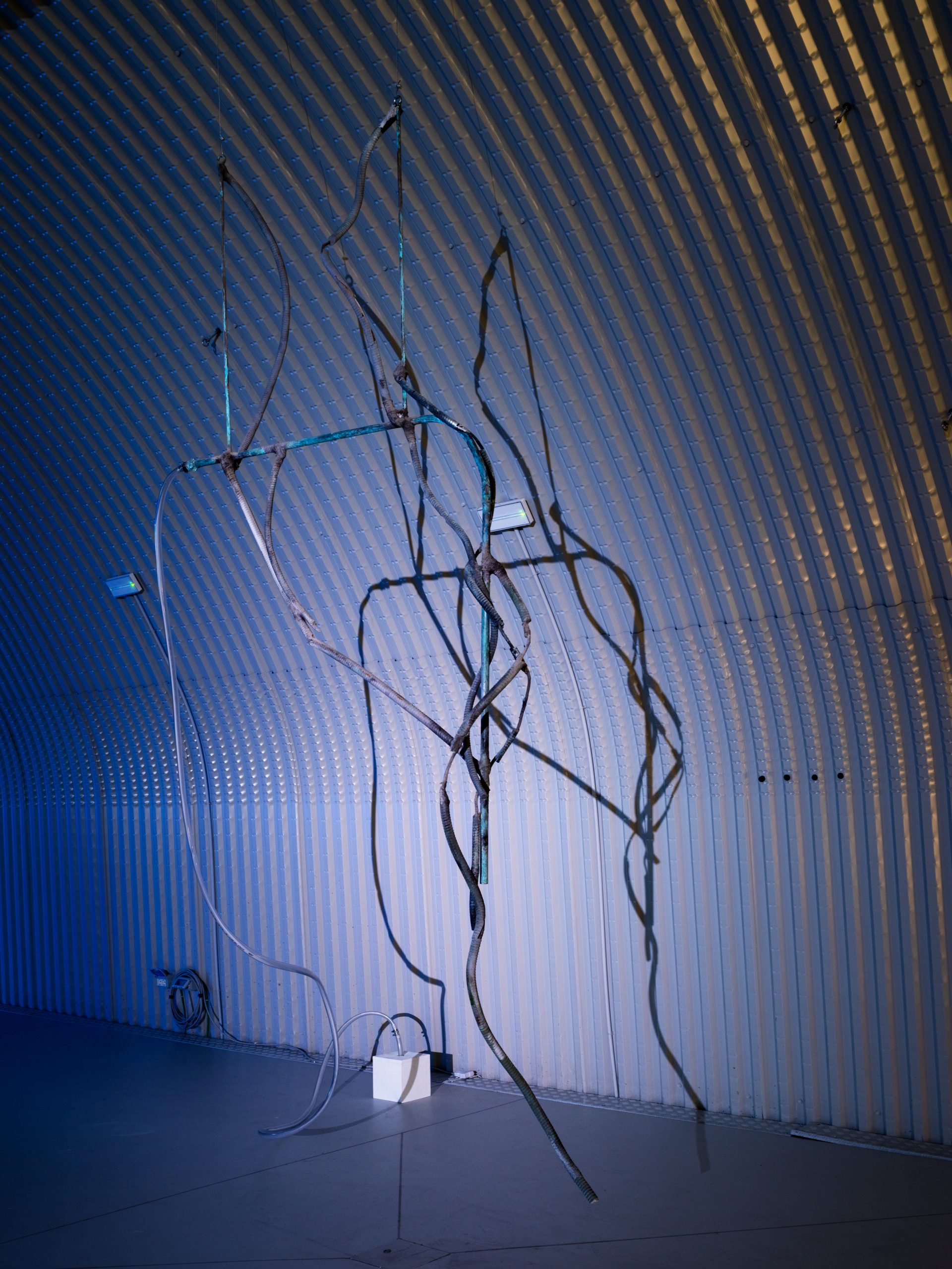 Andrea Mauti, Esausta (Voices Voices), 2025 — installazione site specific — rame, ceneri raccolte dalla cottura degli oggetti in argilla, gesso, ossido di ferro, terra del Parco della Caffarella (Roma), carbone, essenza di finocchio prodotta dall’artista, vapore