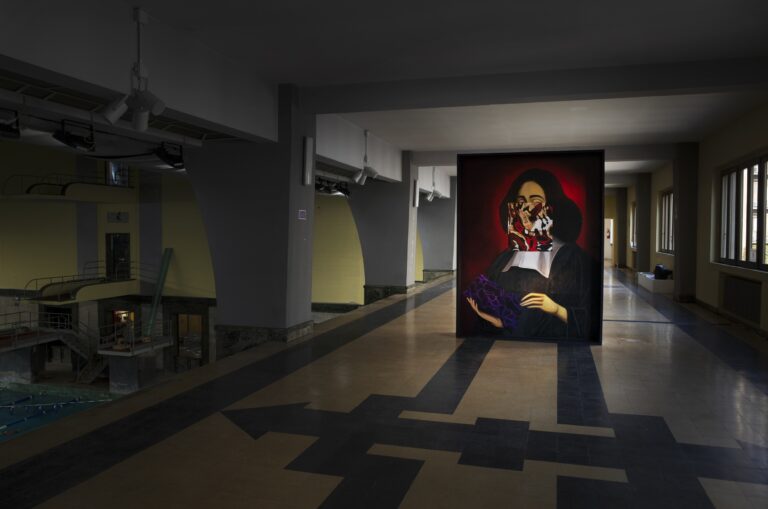 Giulio Frigo, In superficie (Spinoza topologico I), 2020 — oil on panel, optical fibres, laser